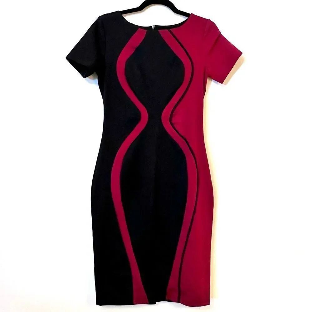 NWT Mabeler Colorblock Optical Illusion Bodycon Pencil Dress Red & Black Large